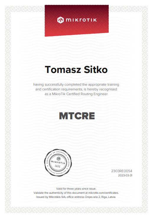 Certyfikat MTCRE sieci MikroTik - Tomasz Sitko, Gate-Logic